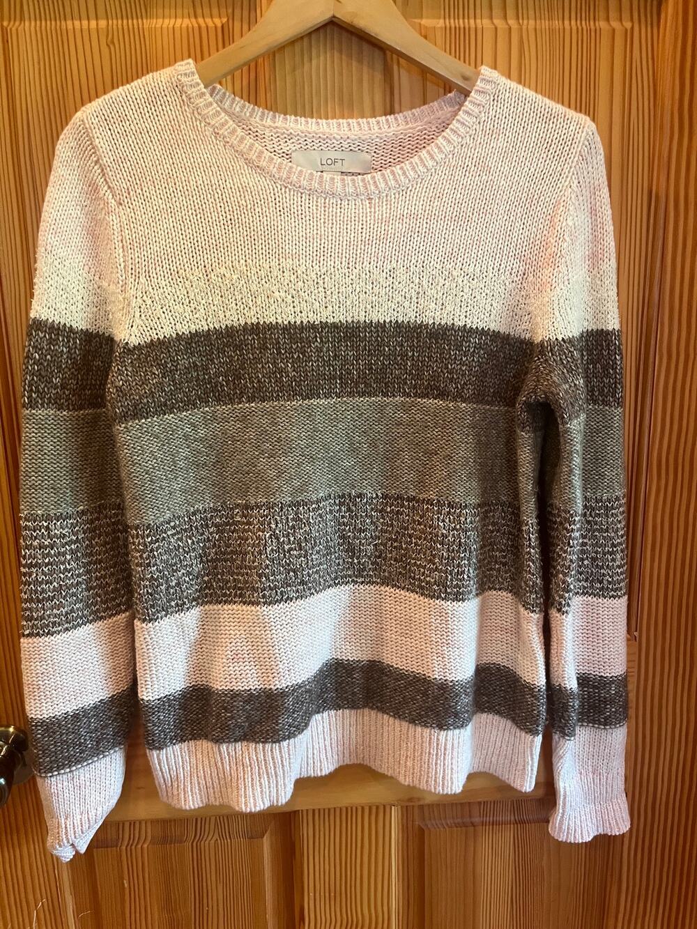LOFT Colorblock Striped Mixed Knit Sweater Pink Gray Size M Cotton Blend